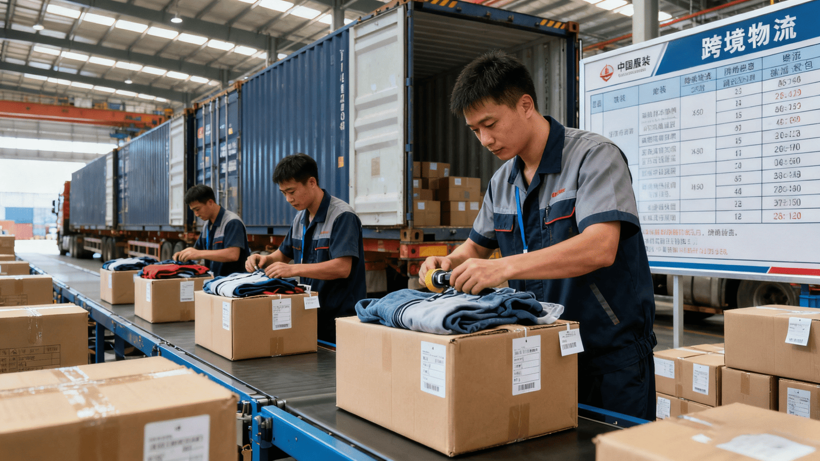Workers packing garment cartons with custom shipping labels for international delivery