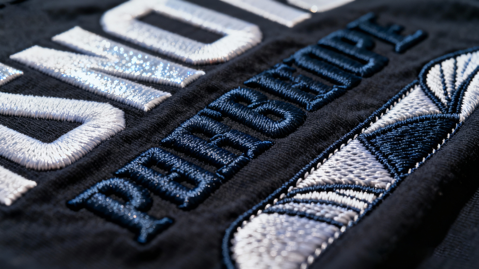 Close-up shot of embroidery stitching on T-shirt fabric.