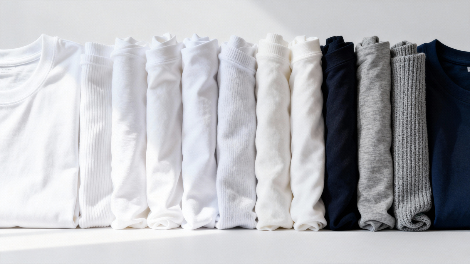 Fabric swatches including cotton, jersey, and blends arranged neatly.