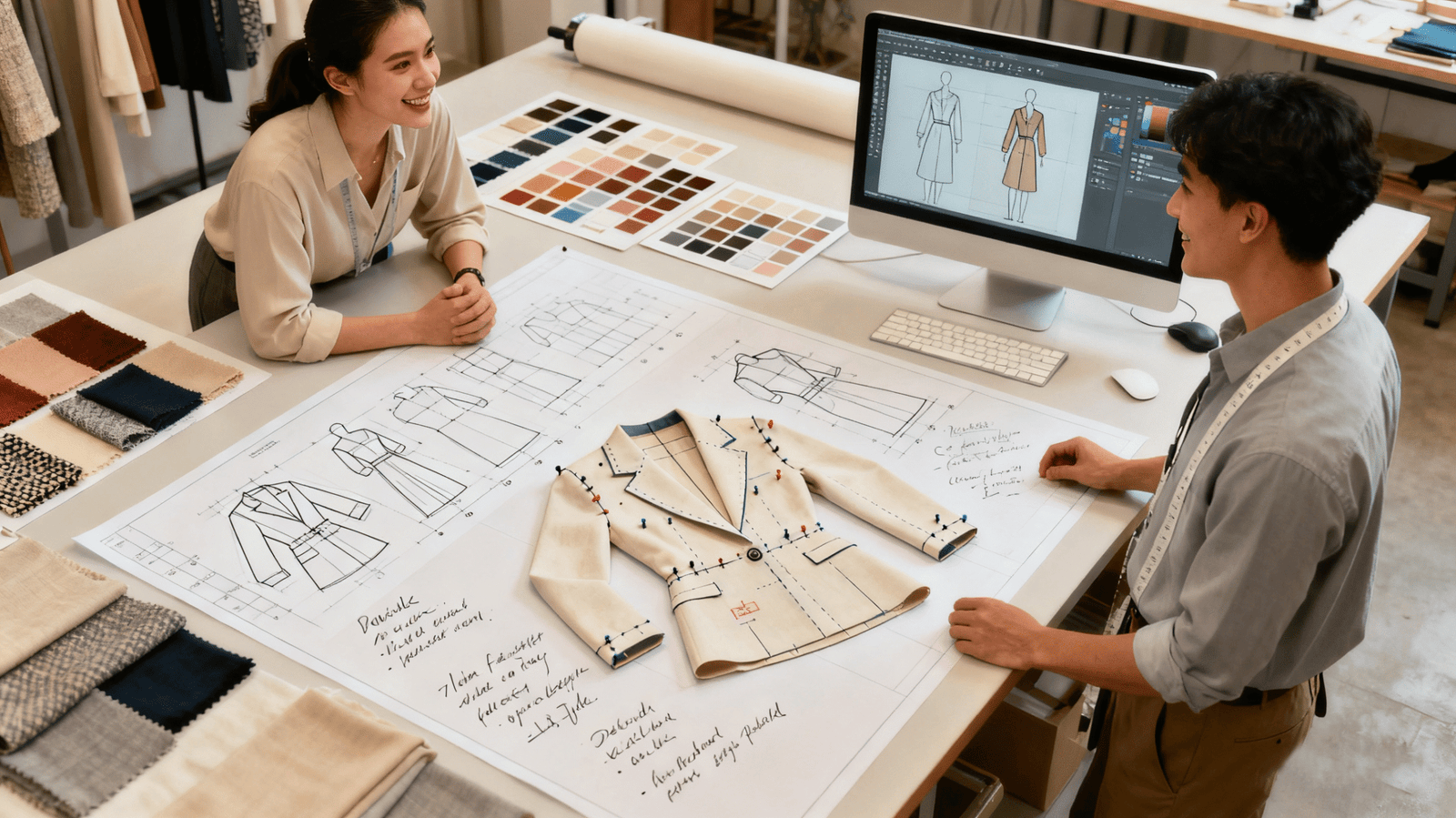 Design team reviewing fabric swatches and tech packs during clothing sample development