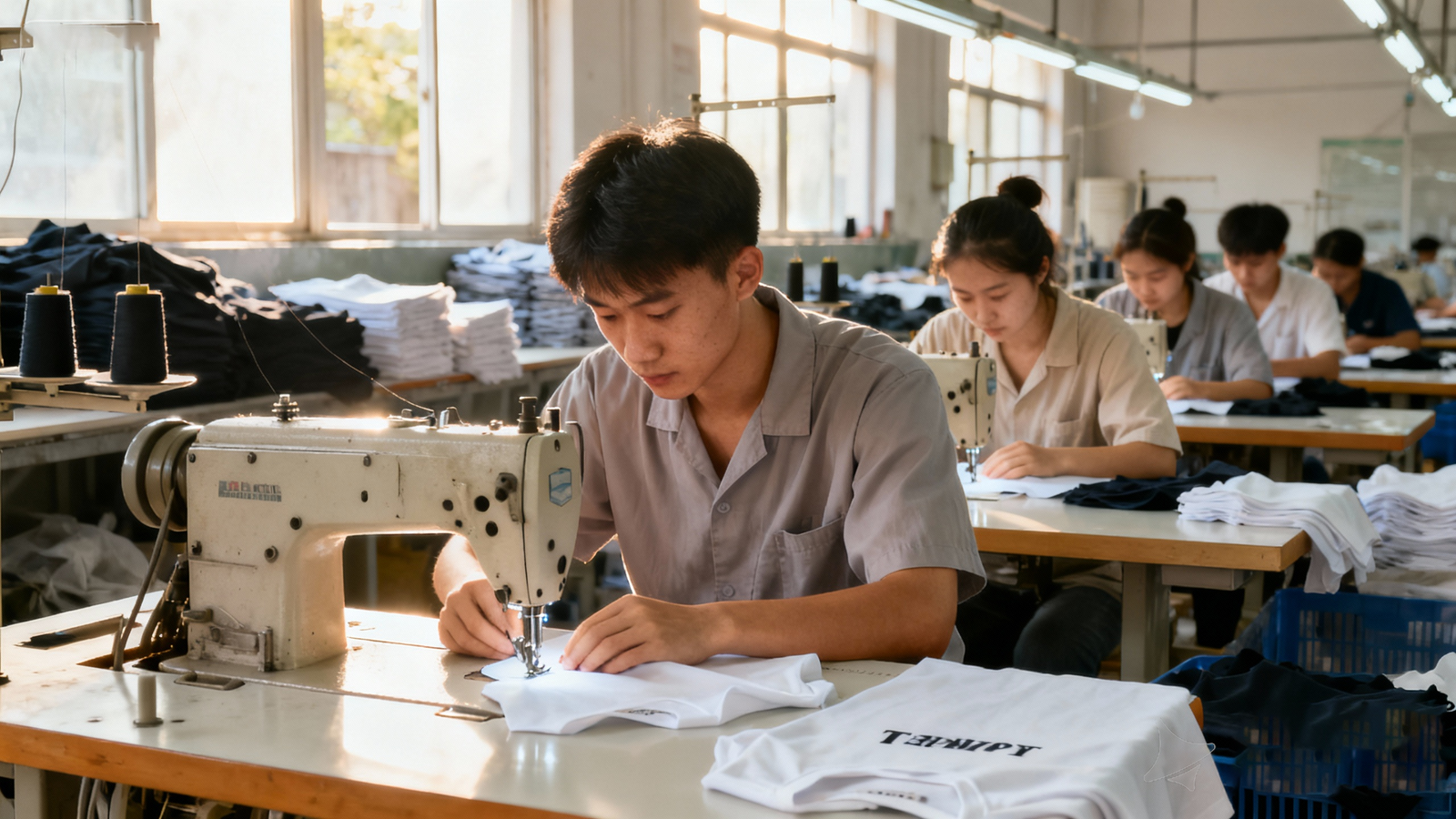 Workers operating sewing machines on a T-shirt production line inside a garment factory.