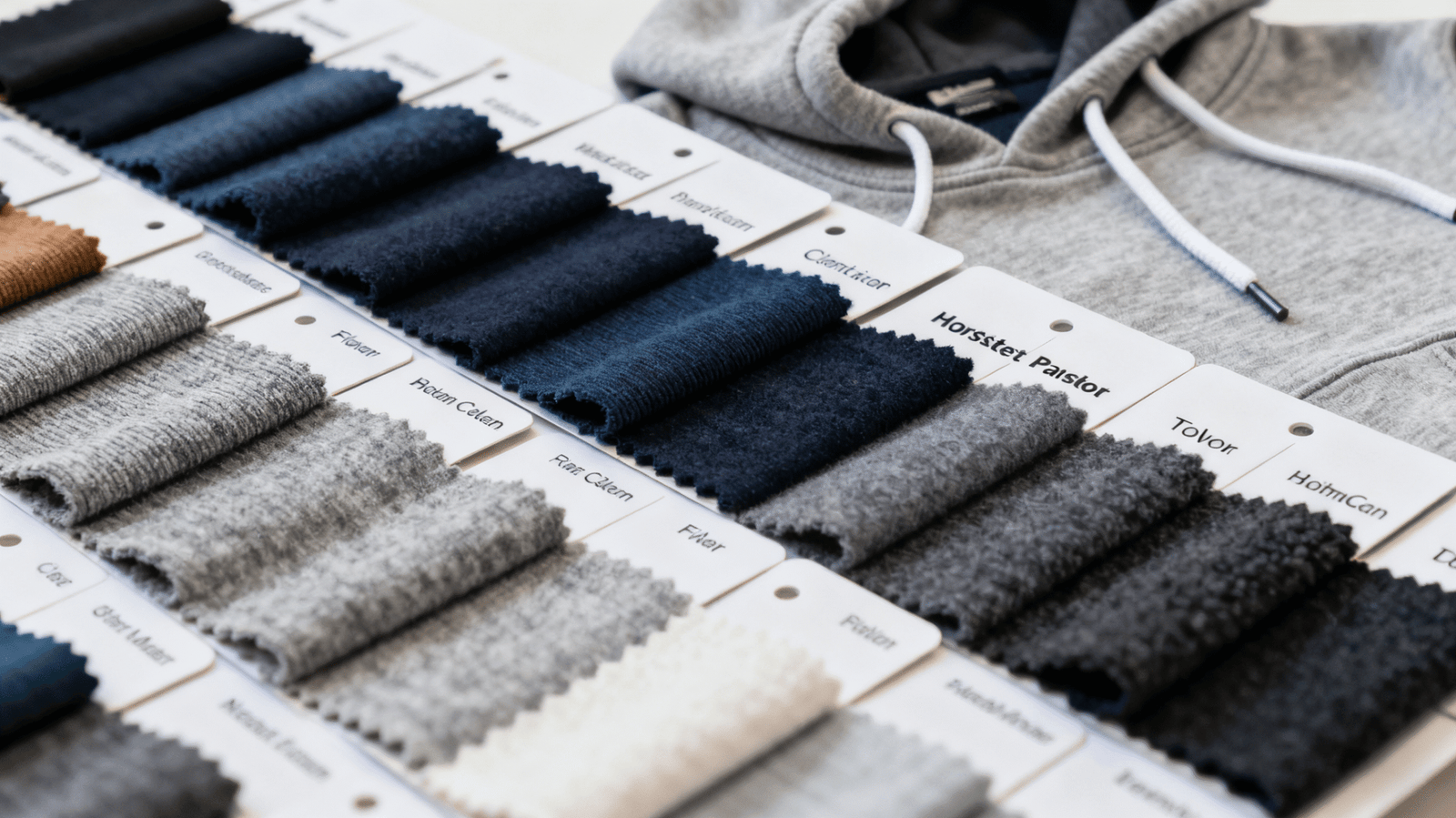 Hoodie fabric swatch card showing fleece, terry, and heavyweight cotton