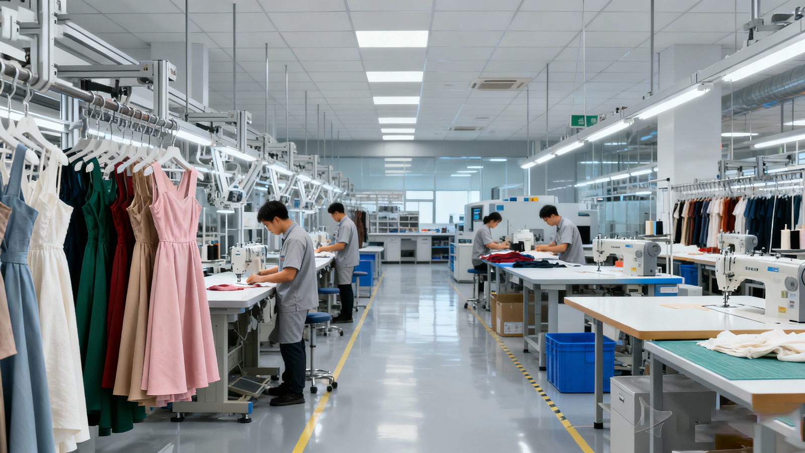 DC Garment production line manufacturing custom casual dresses with sustainable fabric and detailed stitching