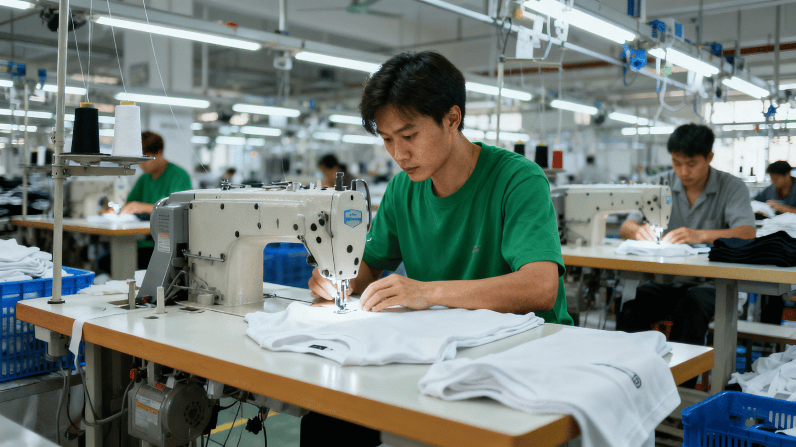 Workers sewing T-shirts in a clean production environment.