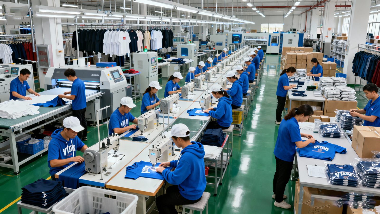 Workers sewing T-shirts and hoodies inside a clean OEM garment factory