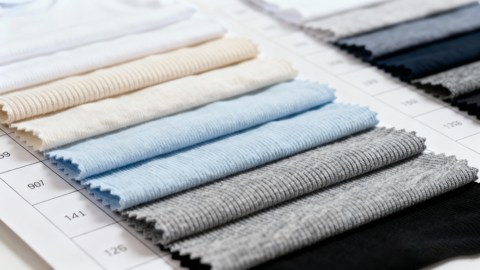 Close-up photo of fabric swatches neatly arranged to show textile textures and colors.