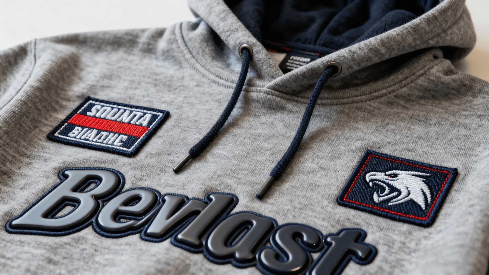 Close-up of screen printing and embroidery details on custom hoodies