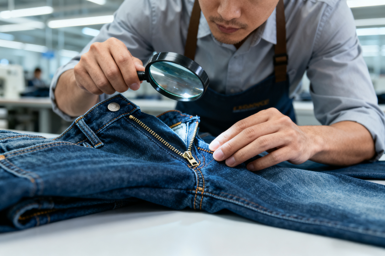 Reliable jeans manufacturer worker inspecting denim stitching and fabric durability for brand partnership
