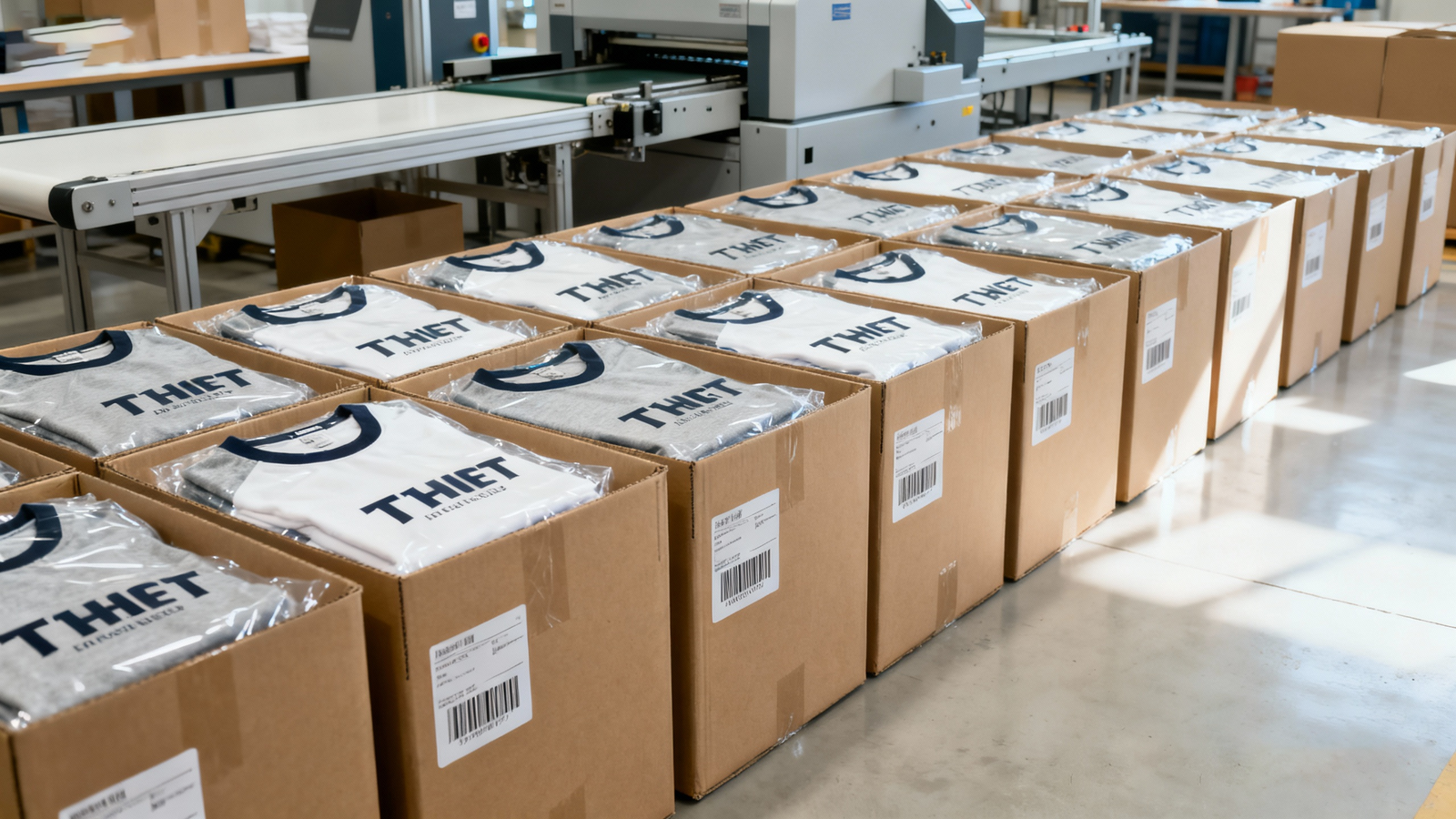 Packed T-shirts organized in cartons and prepared for shipping.