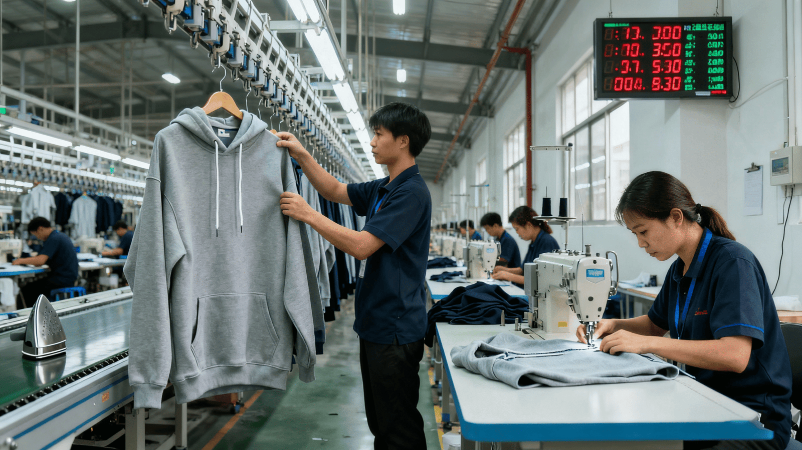 Workers sewing hoodie panels in a garment factory
