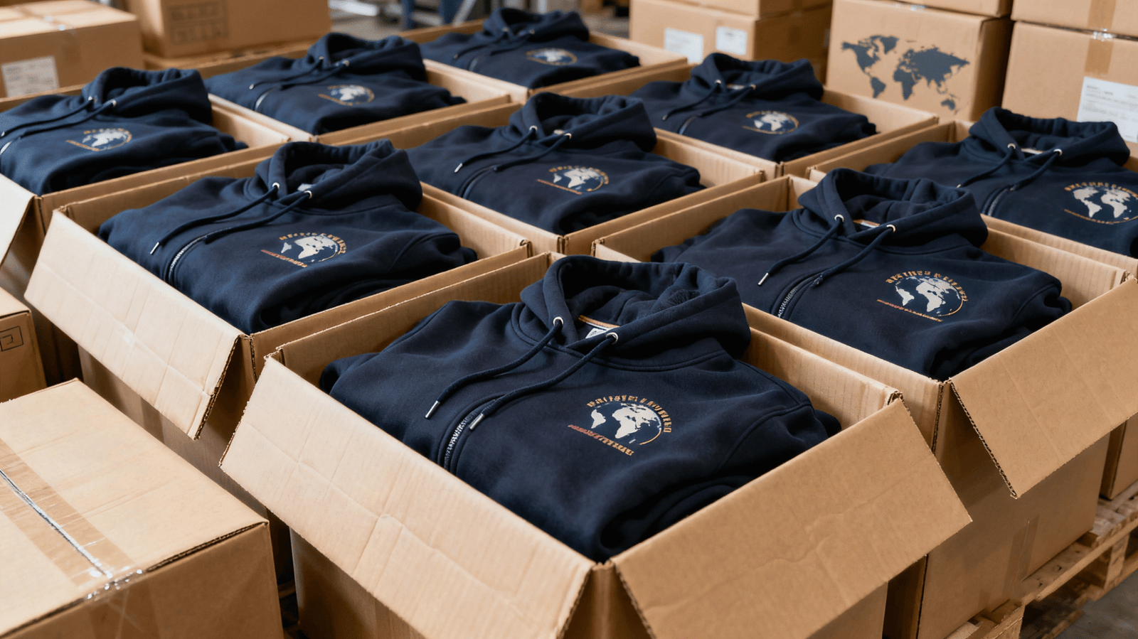 Packed hoodie cartons prepared for international shipment
