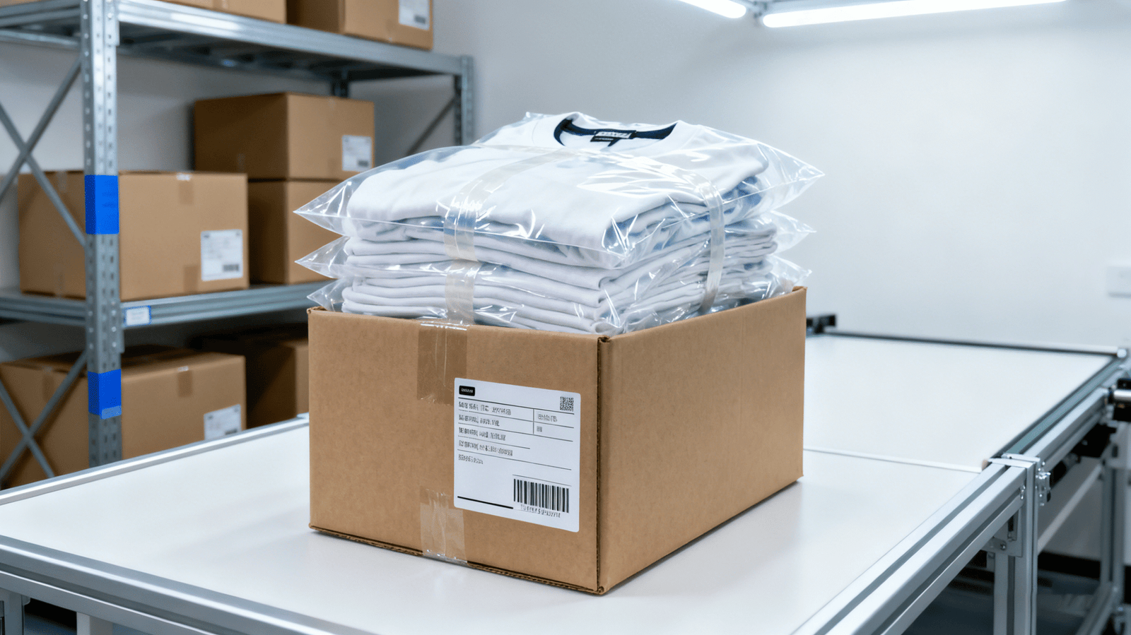 Finished T-shirts packed neatly in polybags and cartons.