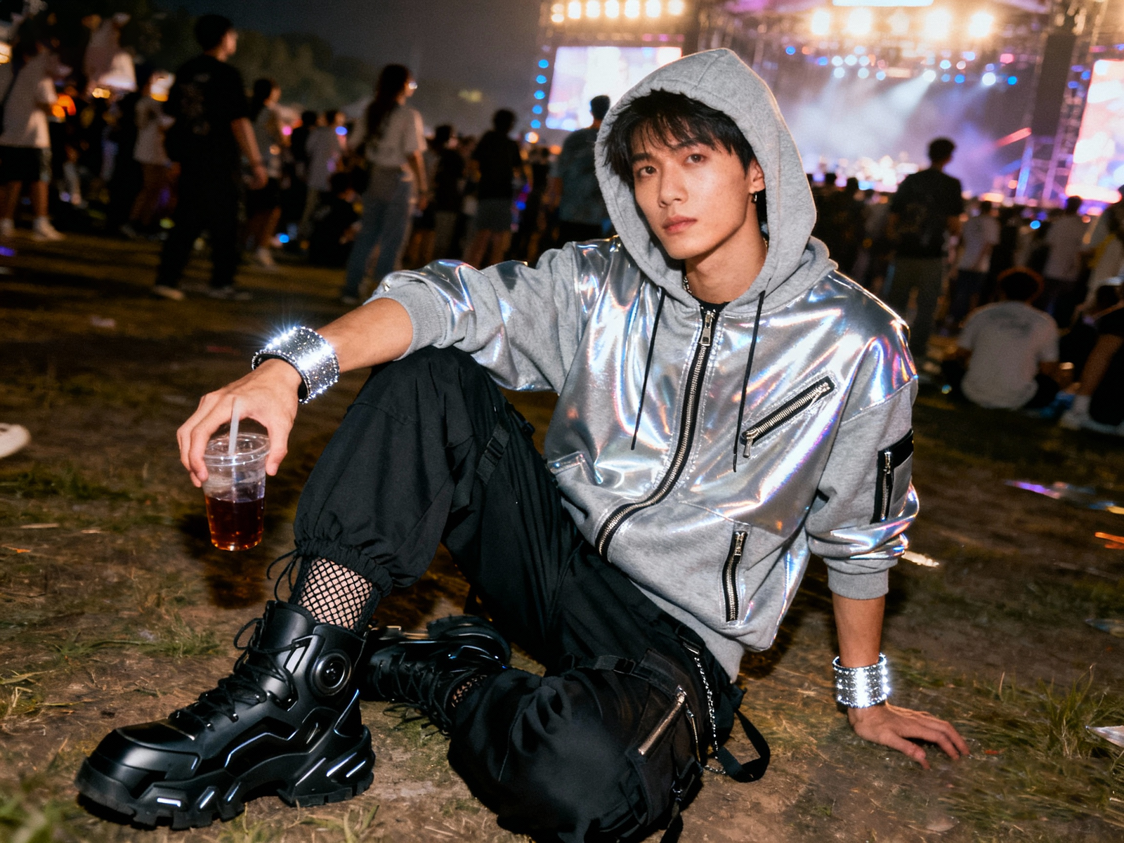 Oversized white Y2K hoodie with airbrush graffiti print, low-rise jeans, black work boots