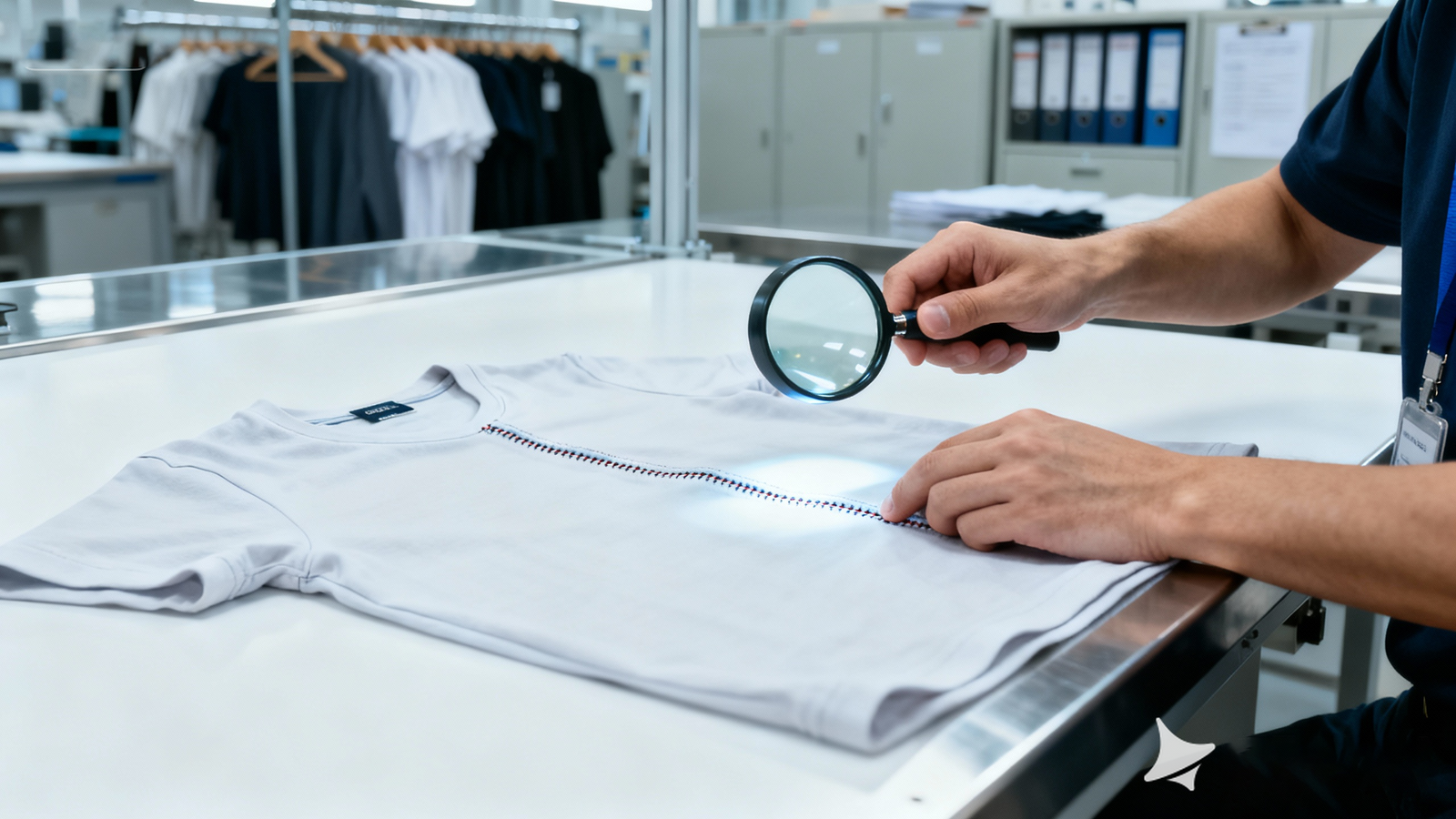 QC staff measuring T-shirt size and checking stitching accuracy.