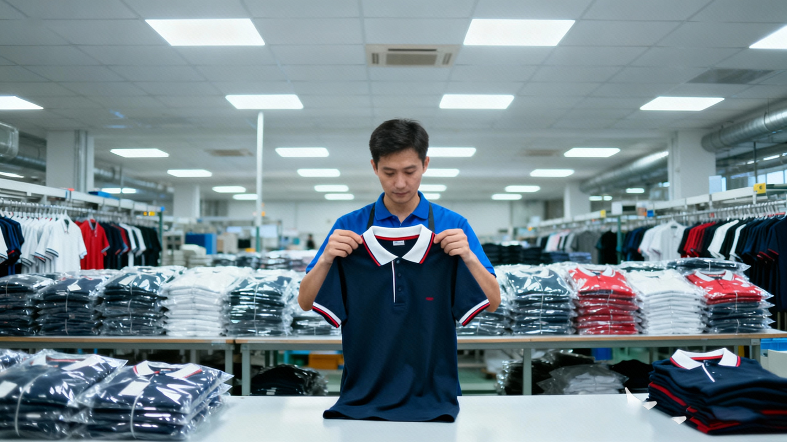 Automated cutting machines and sewing lines producing T-shirts in bulk