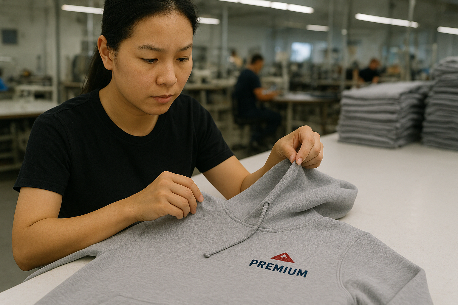 QC staff of Asian descent checking hoodie stitching and logo alignment in a clean production environment.