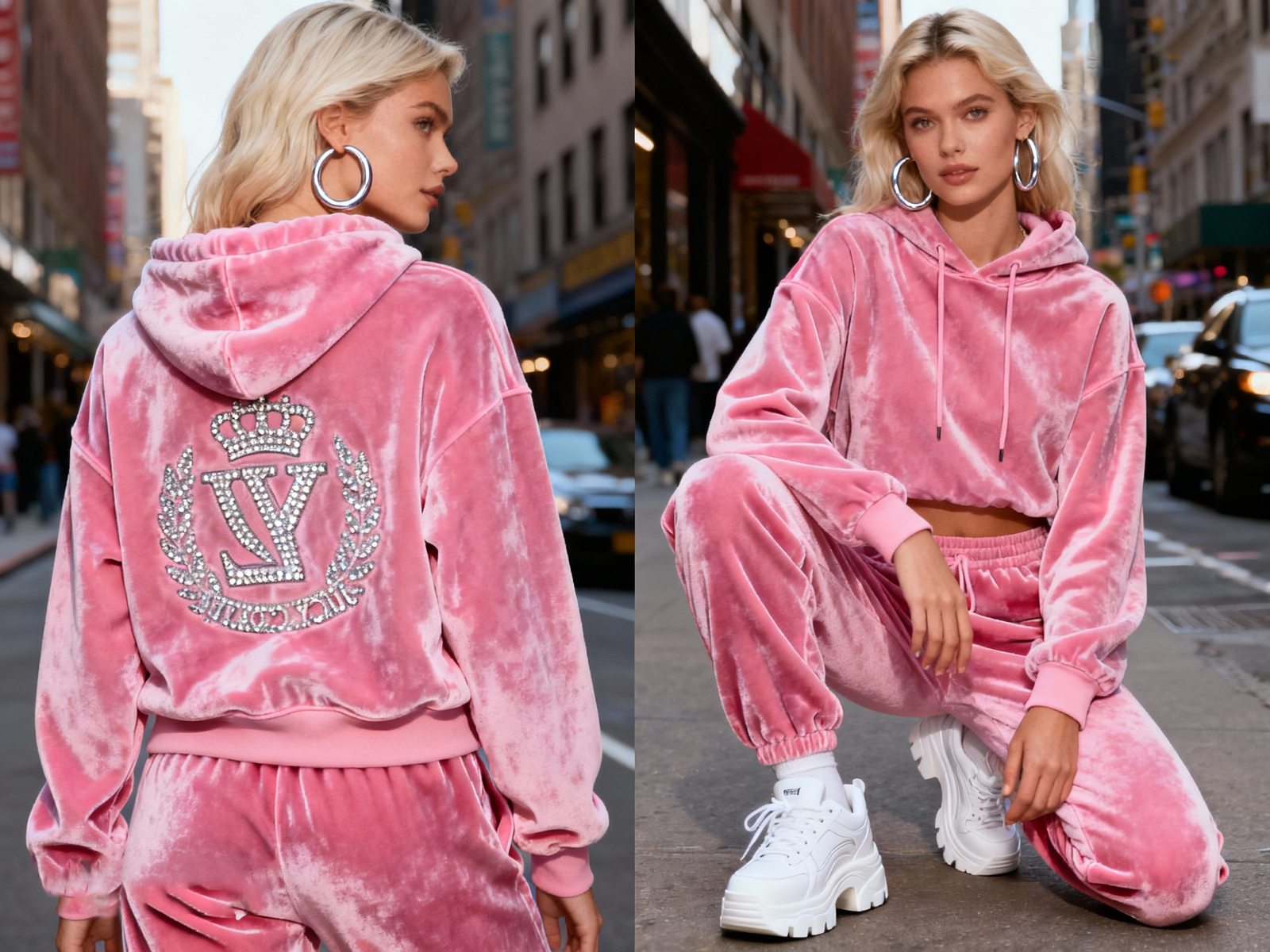Pink velour Y2K hoodie with rhinestone logo paired with matching sweatpants and white platform sneakers