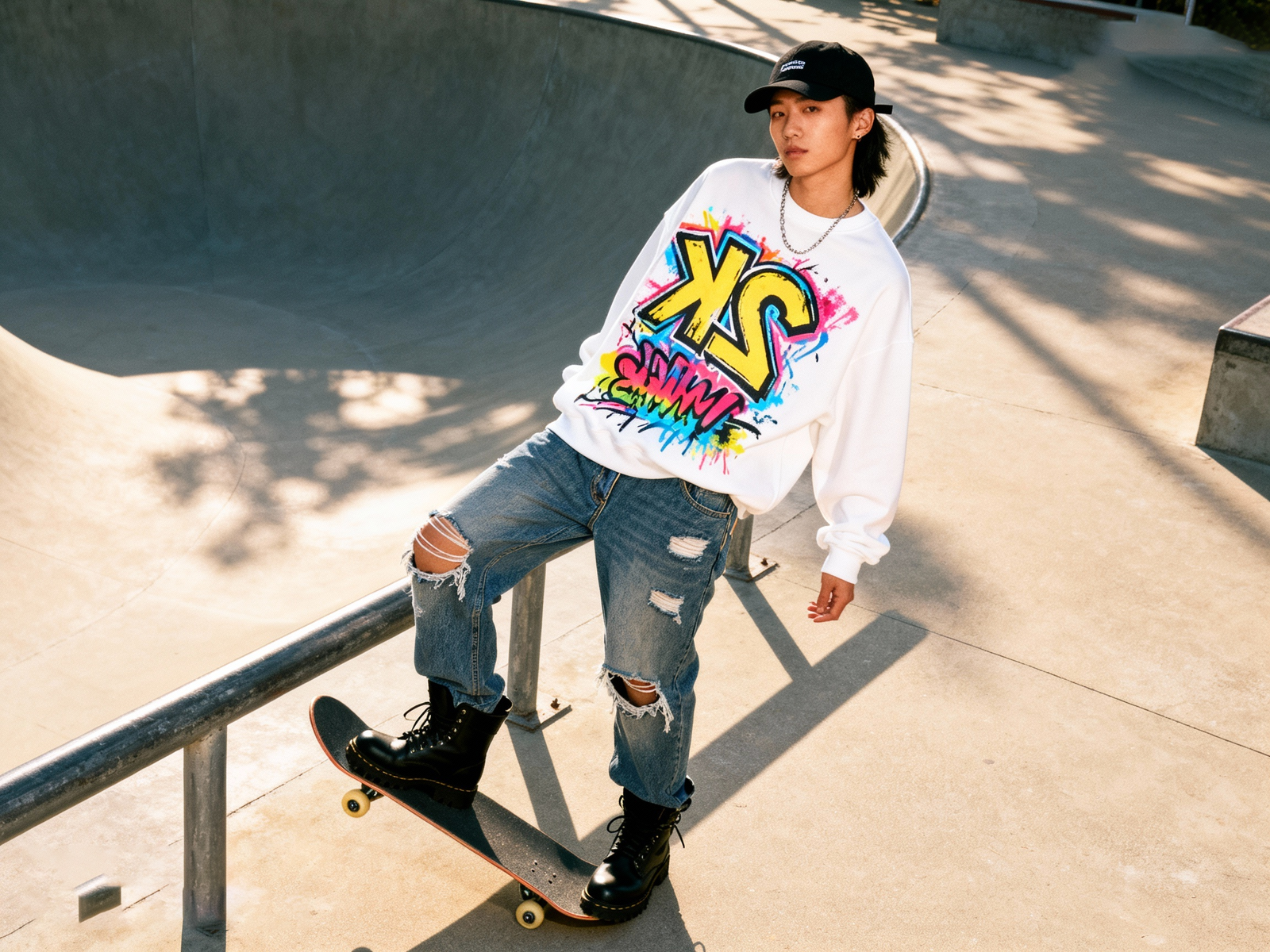 Oversized white Y2K hoodie with airbrush graffiti print, low-rise jeans, black work boots