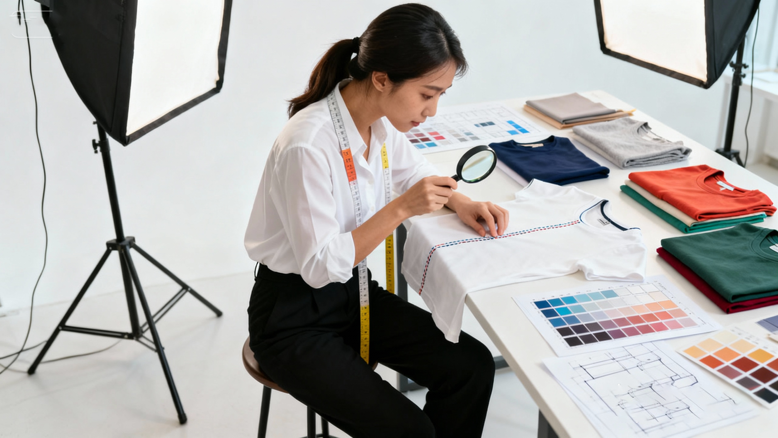 A designer reviewing T-shirt samples and measurement charts.