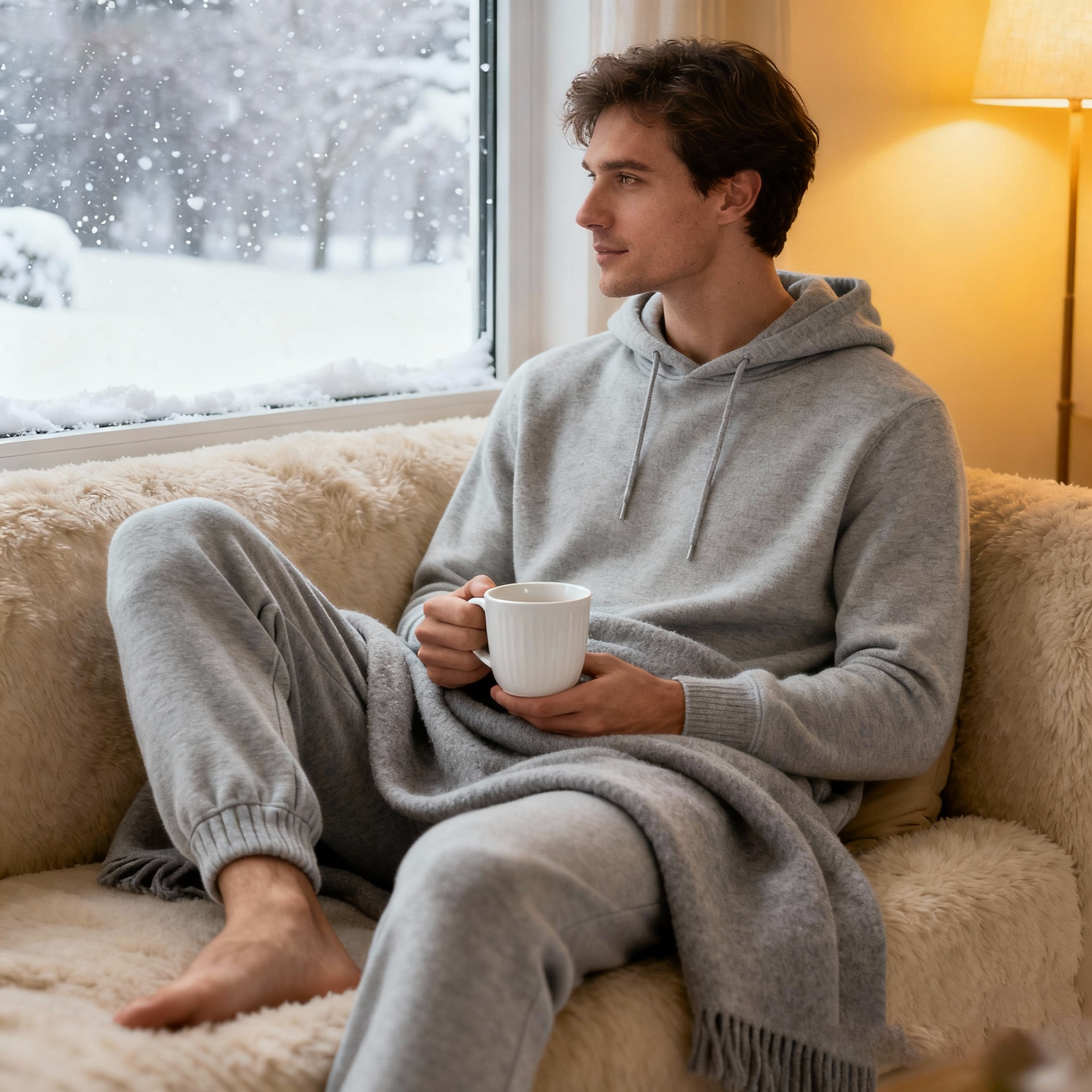 Person in light gray merino wool lounge set sitting on plush sofa, holding hot drink, snowy window background