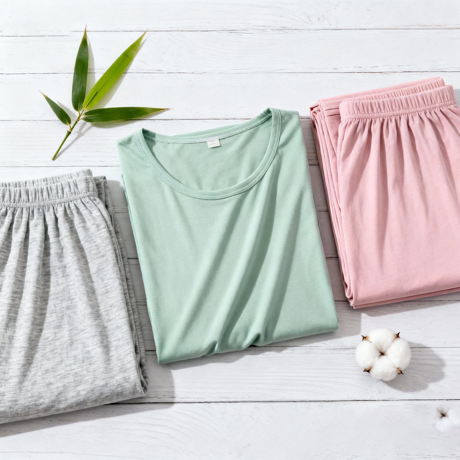 Light gray cotton lounge pants, light green bamboo top, pink modal pajama set on white wooden table