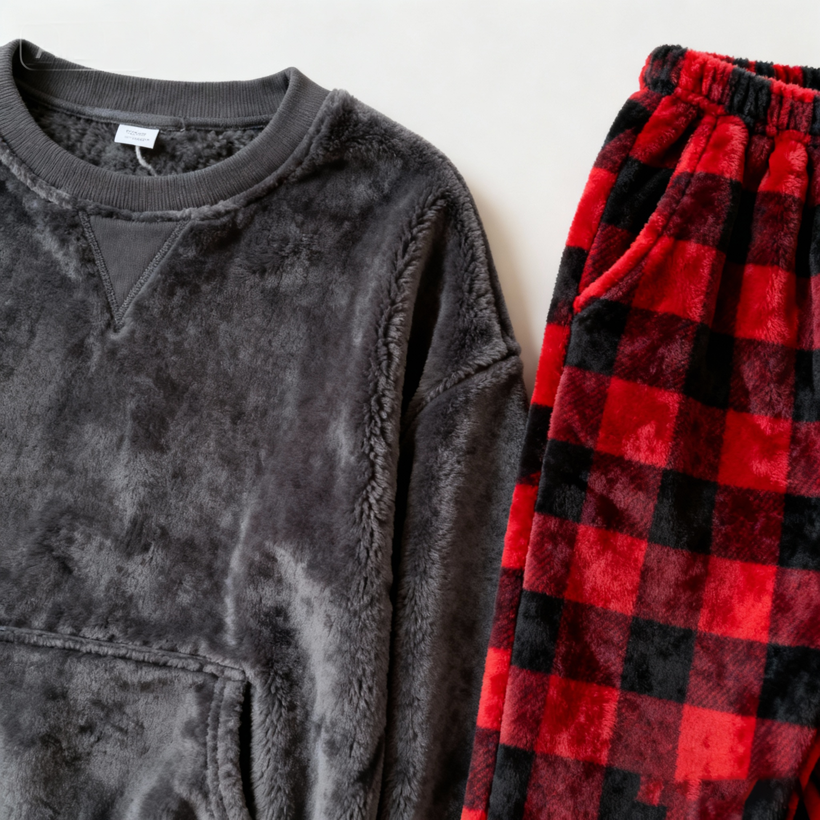 Dark gray fleece hoodie (showing thickness), red-black plaid flannel pajamas in wooden wardrobe