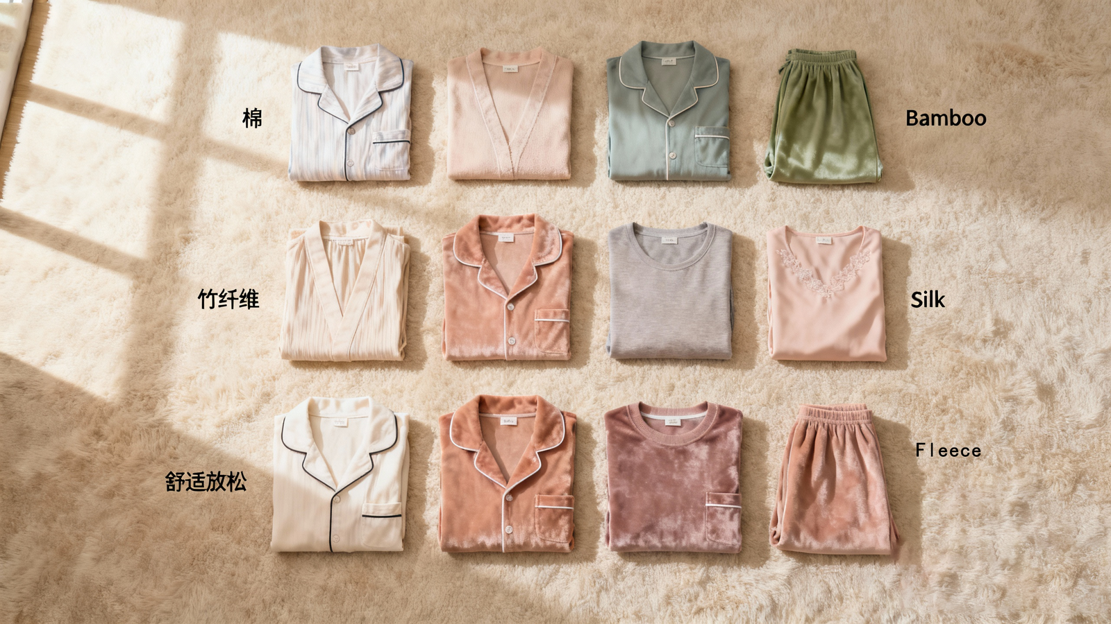 12 types of loungewear fabrics displayed on soft beige carpet, including cotton, bamboo, silk, fleece