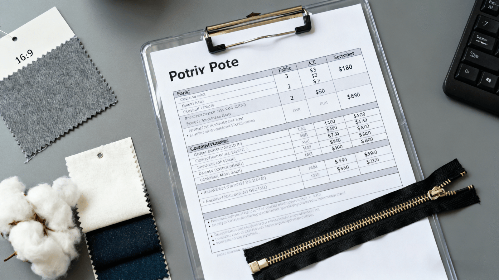 Detailed clothing manufacturing quote with fabric, labor and customization costs