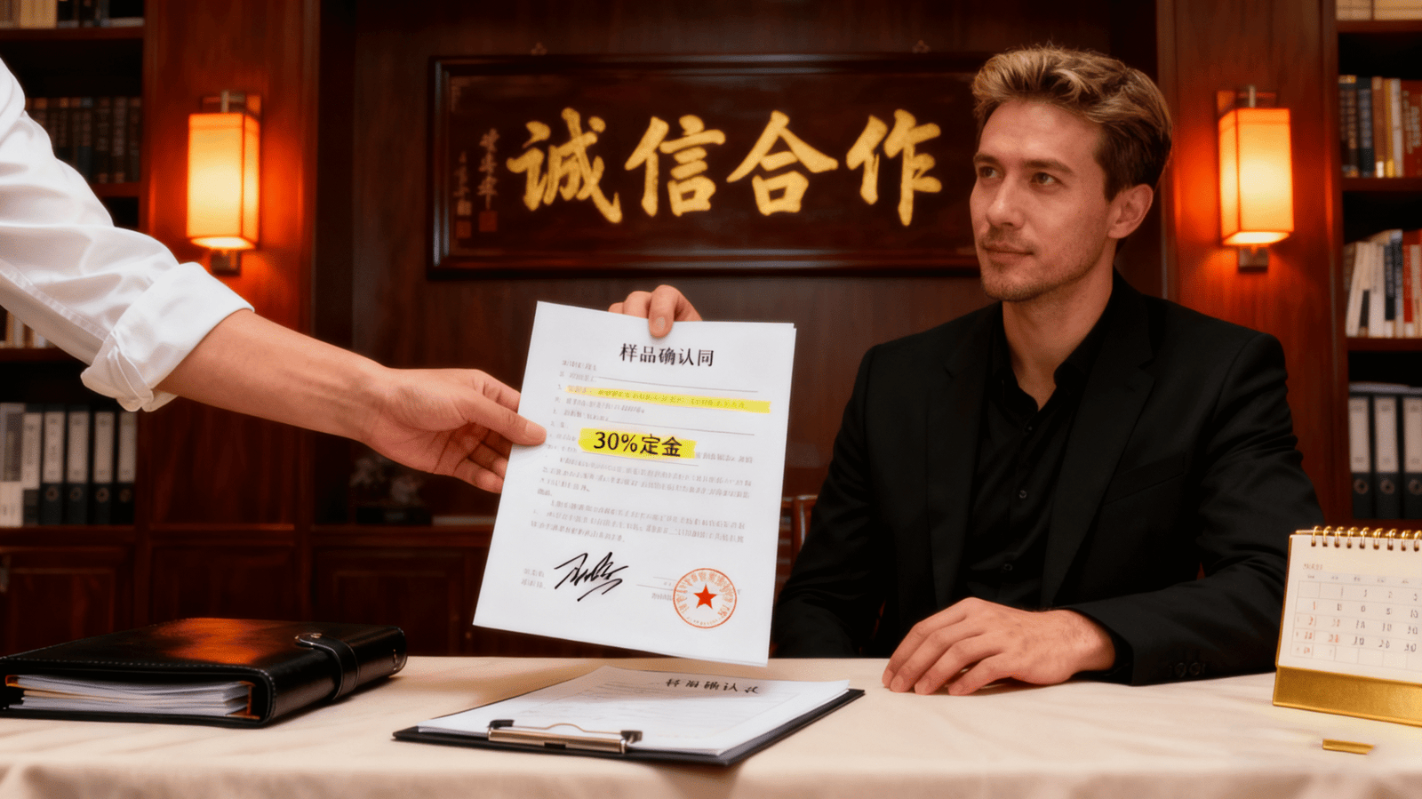 Startup founder and Chinese manufacturer confirming deposit terms in cooperation contract