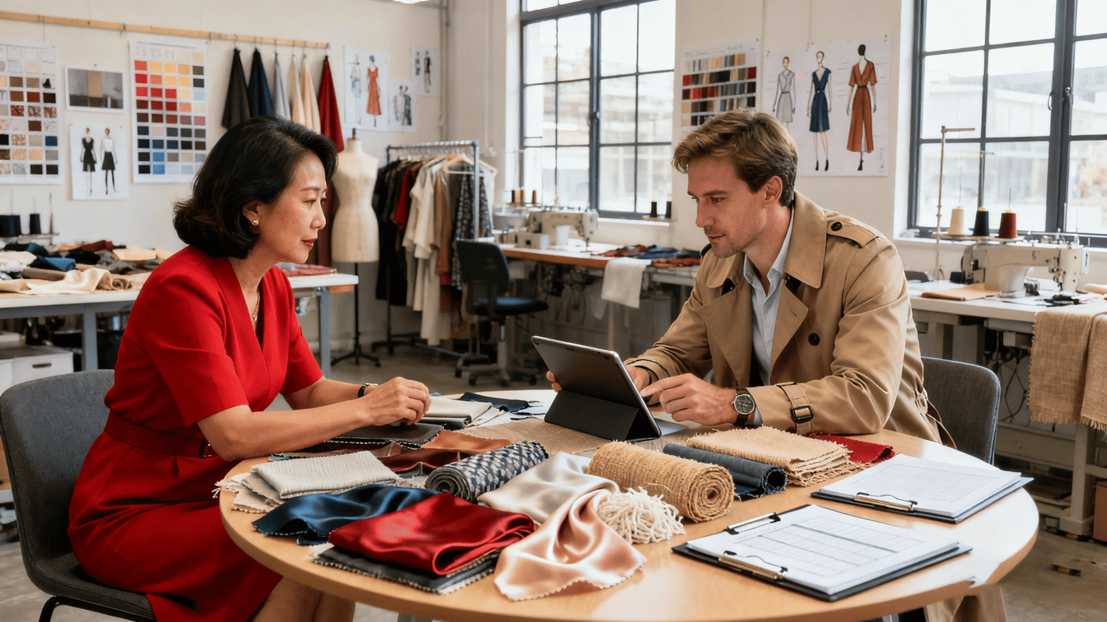 Western startup founder negotiating MOQ and pricing with Chinese clothing manufacturer representative