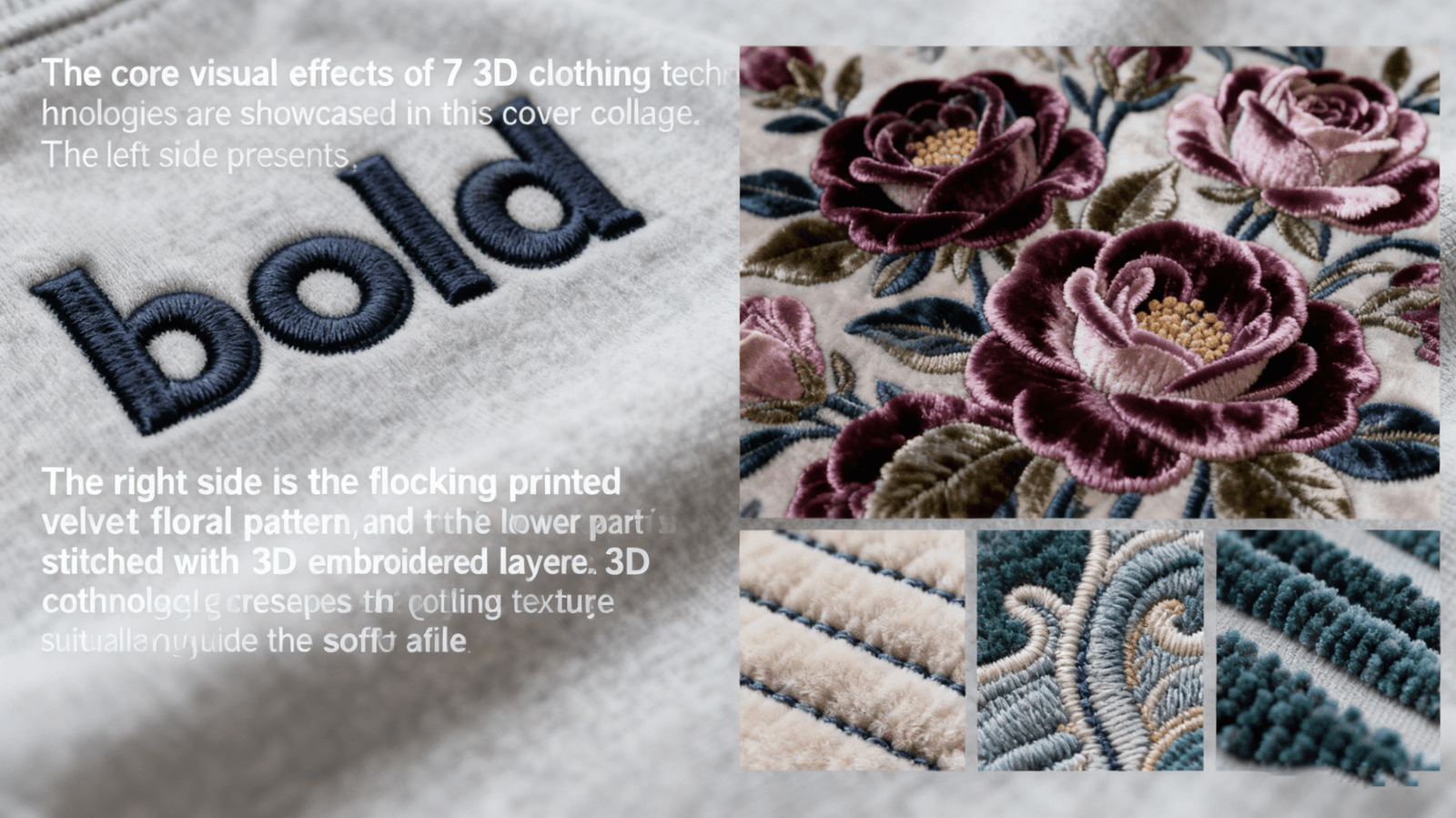Collage of 7 core 3D garment technologies: raised high-density screen-printed logo, flocked velvet floral patterns, layered 3D embroidery stitches, soft chenille embroidery, on light gray fabric base highlighting texture differences