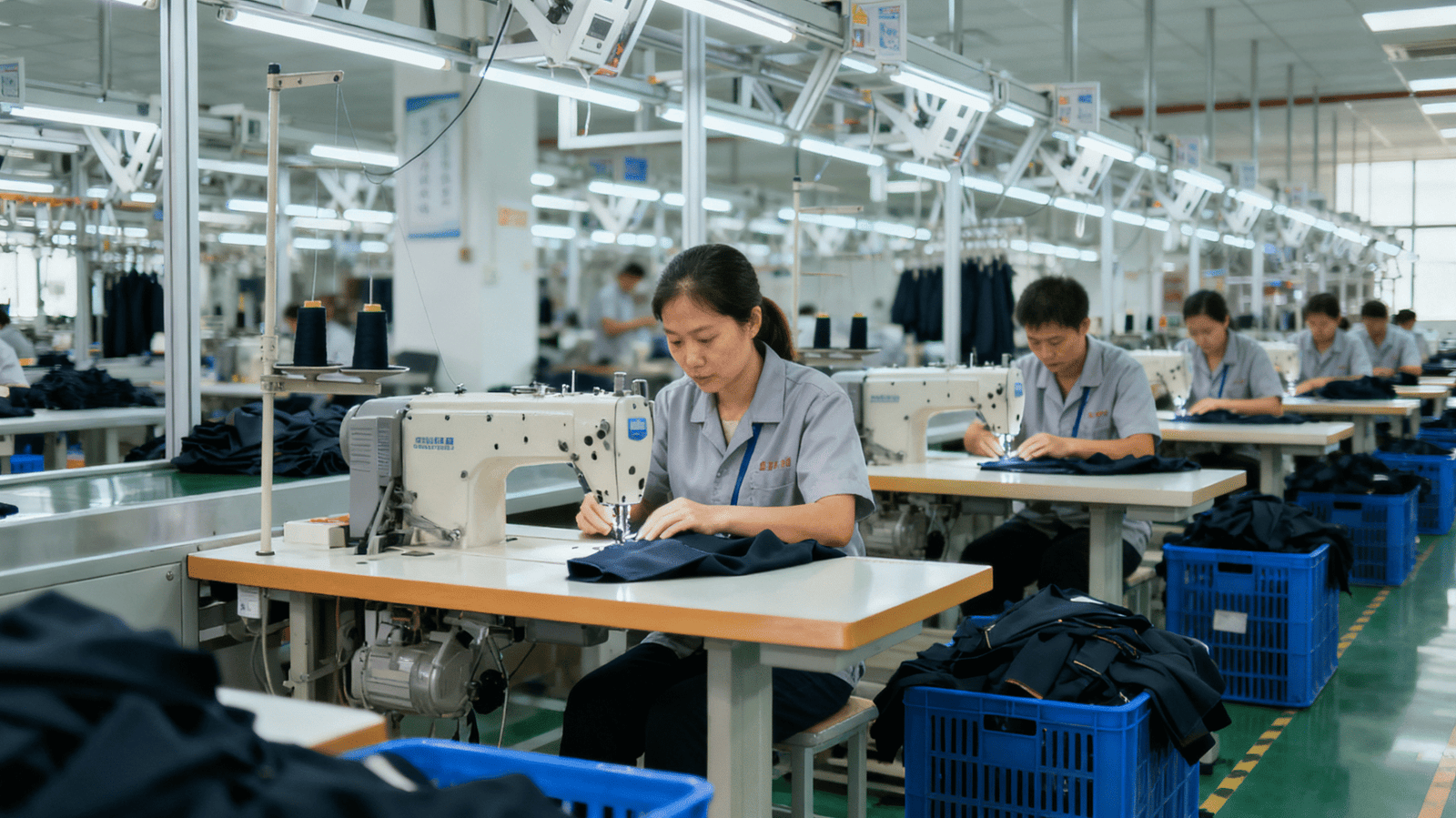Workers conducting quality control on a modern Chinese garment factory production line