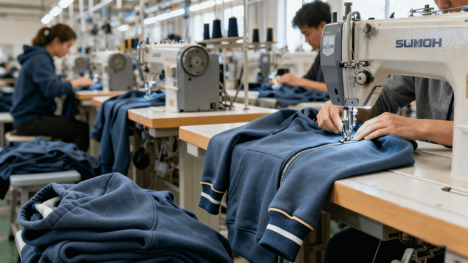 Garment workers sewing hoodie panels under natural factory lighting.
