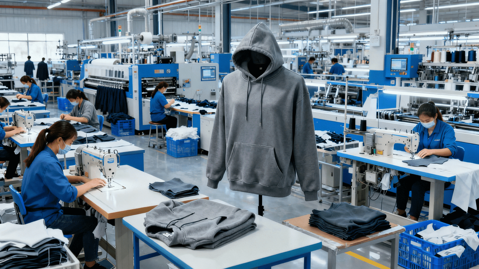 Technician drafting hoodie patterns on large paper sheets inside a garment workshop.