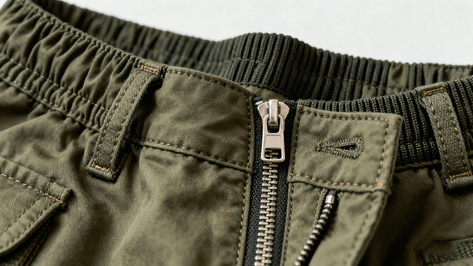 Close-up of stitching, seams, pocket construction on joggers and cargo pants