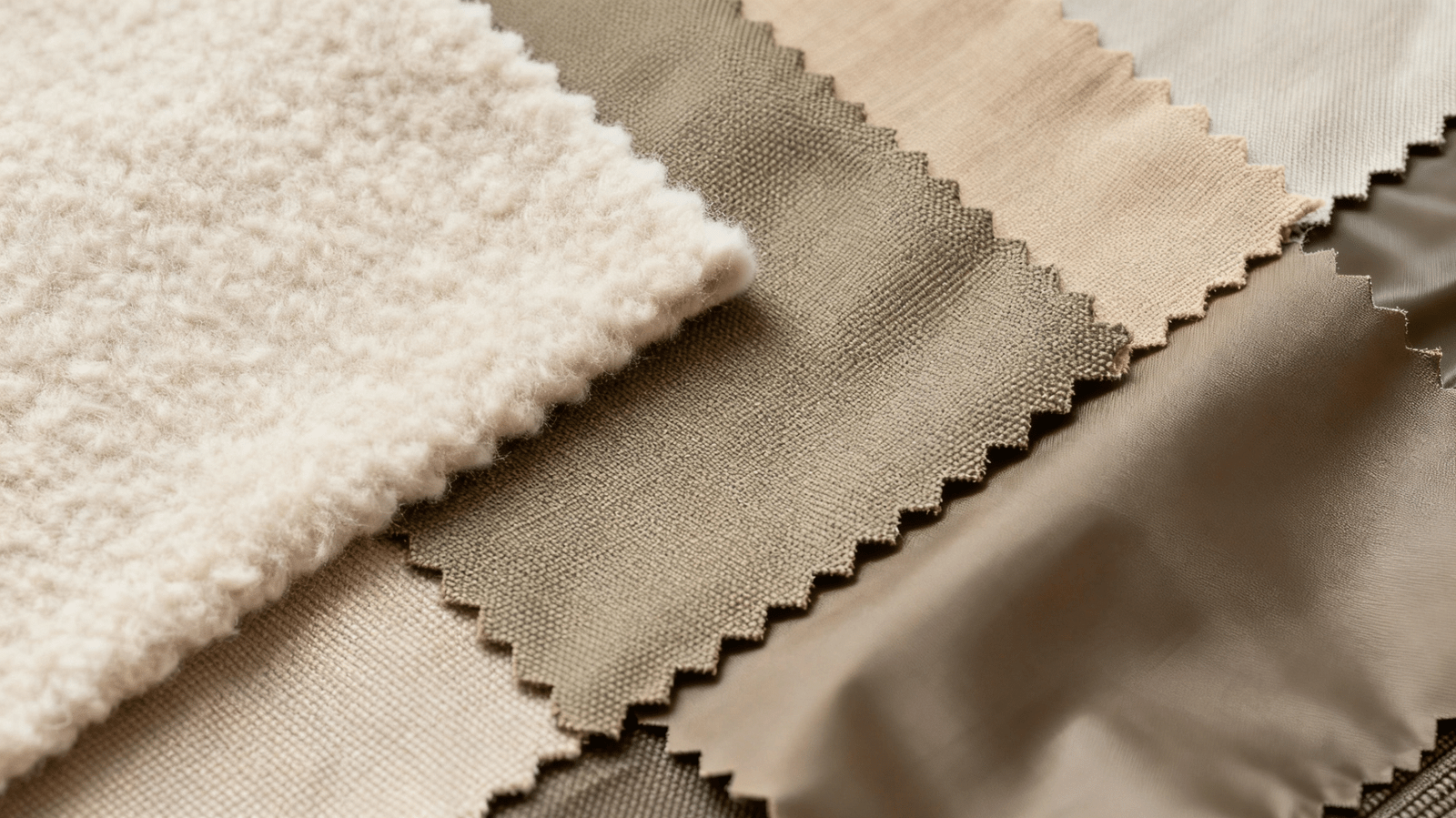 Multiple fabric swatches including fleece, twill, canvas, nylon, and ripstop