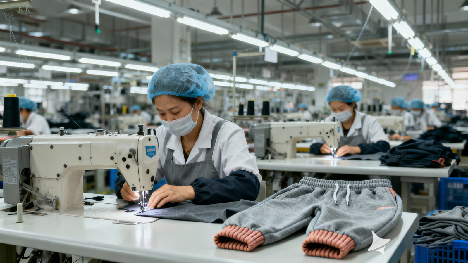 Seamstresses sewing jogger waistbands, pockets, and side panels inside a modern workshop