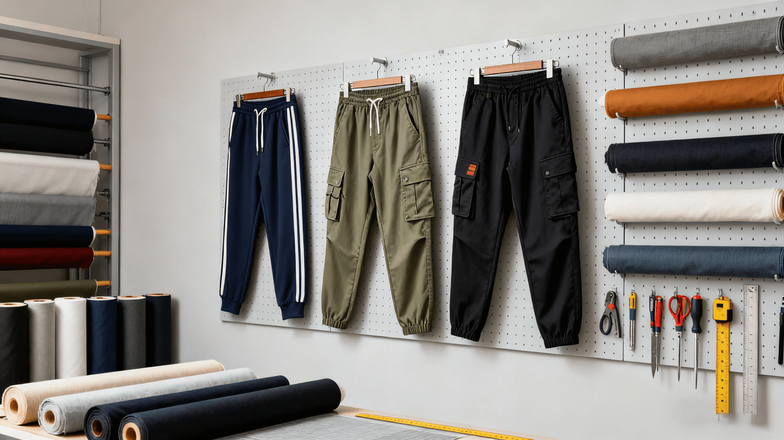Sample room showing joggers, cargo pants, and fabric rolls