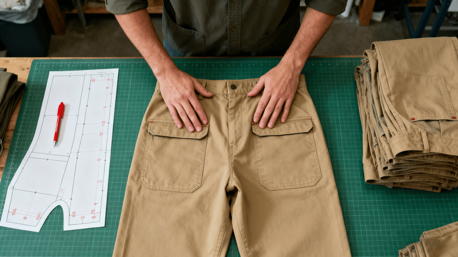 QC staff measuring pants, checking seams, and verifying pocket alignment